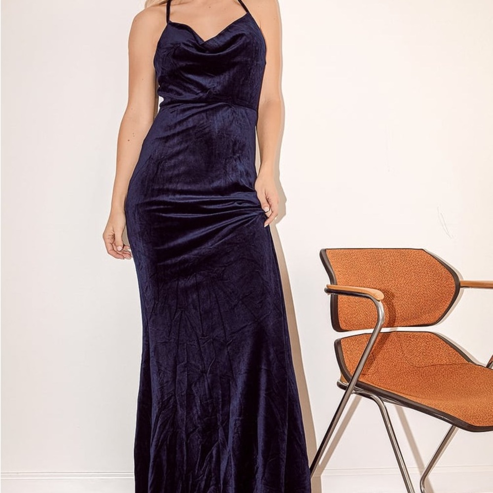 Navy Blue Velvet Cowl Neck Maxi Dress